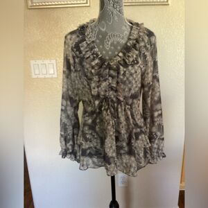 Rebecca Taylor Ruffled Floral Tunic Gray Top